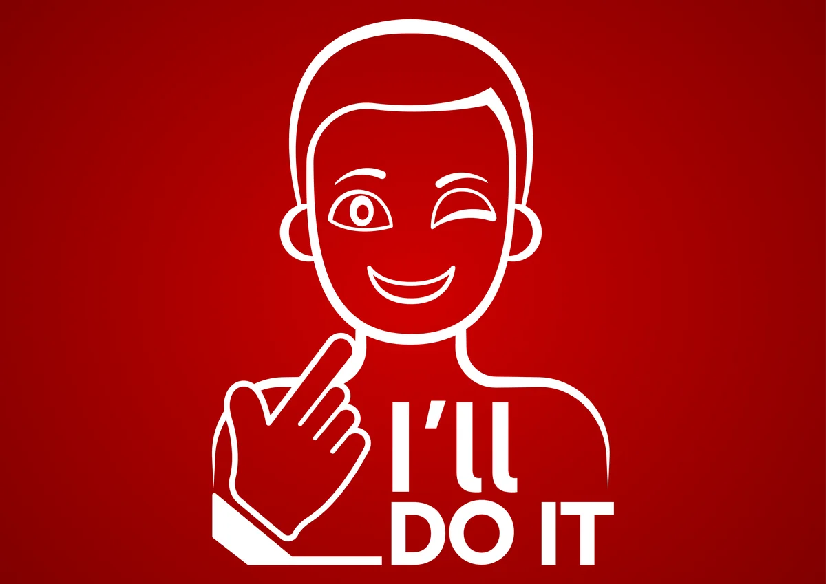 La mascota de I'll do it señalándose a sí misma junto al rótulo I'll do it