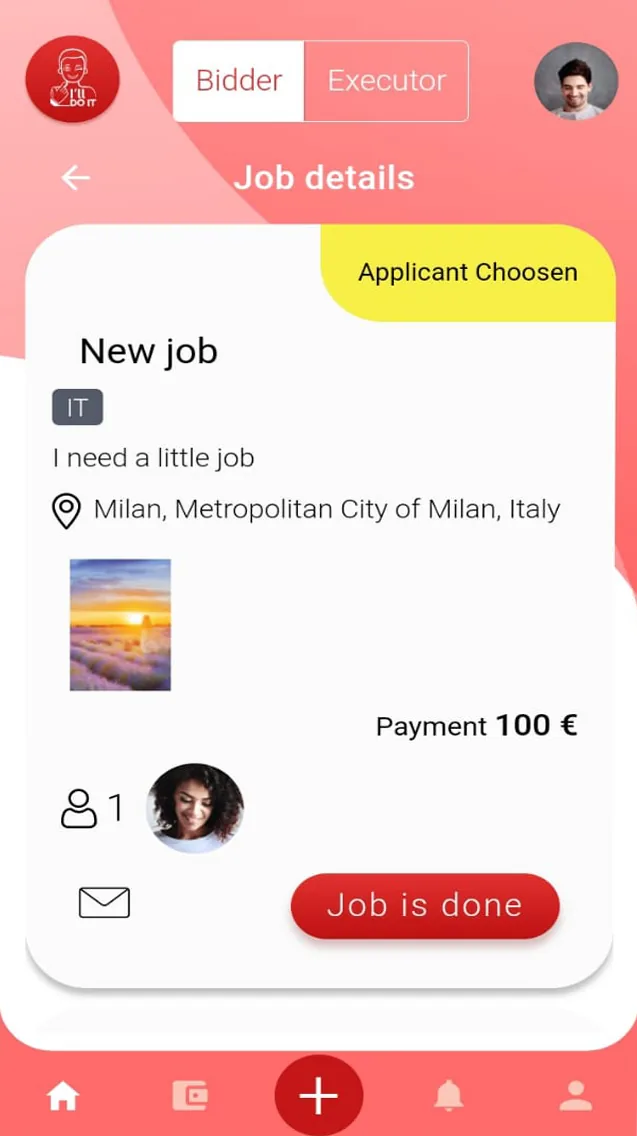 Pantalla de la app: detalle del trabajo con candidato elegido