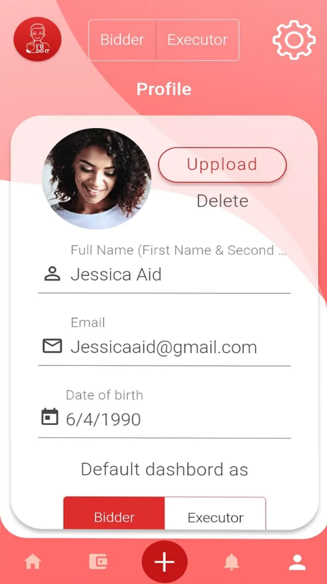 Pantalla de la app: perfil con panel de oferente o ejecutor